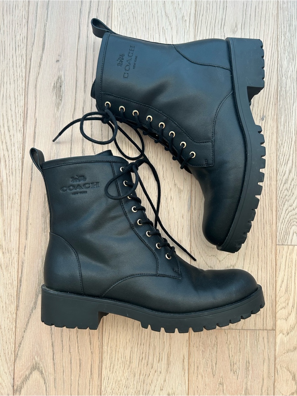 Coach Black Leather Lace-Up Lug Sole Combat Boots